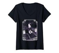 Womens The Addams Family Wednesday Playing On Graves Portrait V-Neck T-Shirt
