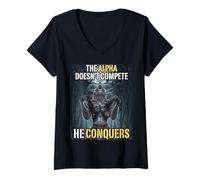 Womens The Alpha Doesn’t Compete He Conquers Funny Alpha Wolf Meme V-Neck T-Shirt
