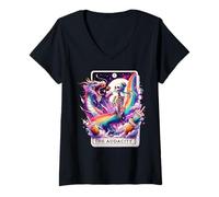 Women's The Audacity Tarot Mermaid Skeleton Messy Bun Rainbow Boba V-Neck T-Shirt