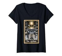Women's The Author Writer Typewriter Tarot Card Witchy Moon V-Neck T-Shirt