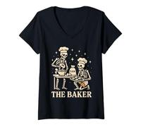 Womens The Baker Skeleton Halloween Bakings Spooky Kitchen Humor V-Neck T-Shirt