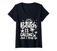 Womens The Beach is Calling and I Must Go Vacation Summer V-Neck T-Shirt
