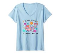 Womens The Beach Is Calling & I Whale-y Must Go Whale Lover Gift V-Neck T-Shirt