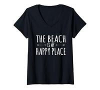 Womens The Beach Is My Happy Place Cruise Summer Family Vacation V-Neck T-Shirt