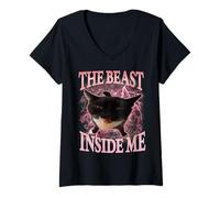 Womens The Beast Inside Me Funny Gen Z Gen Alpha Silly Cat Meme V-Neck T-Shirt