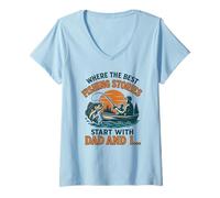 Womens The Best Fishing Stories Start with Dad and I Father Son V-Neck T-Shirt