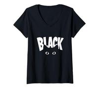 Women's The Black Cat Minimal Design - Cute Hidden Kitty Eyes V-Neck T-Shirt
