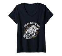 Women's The Bull Sets The Pace Bull Riding Rodeo Power V-Neck T-Shirt