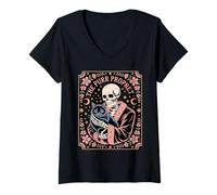 Women's The Caffeine Oracle Gothic Coffee Skeleton Mystic V-Neck T-Shirt