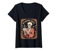 Women's The Caffeine Oracle Skeleton Coffee Occult Mystic V-Neck T-Shirt