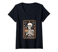 Womens The Caffeine Oracle Skeleton Coffee Tarot Moon V-Neck T-Shirt