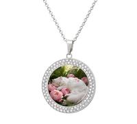 Women's The Cat Among The Peonies Diamond Necklace Round Pendant Necklace 19.7 Inch Adjustable Chain Memorial Necklaces for Friendship Couple Everyday Wear Jewelry Gift for Girlfriend Wife Mom, One