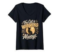 Women's The Cat is Watching Always Japanese Bobtail Lover V-Neck T-Shirt