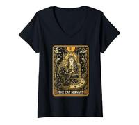 Women's The Cat Servant Funny Lady Feline Lover Owner Humor Pet V-Neck T-Shirt