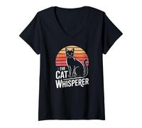 Womens The Cat Whisperer Retro Sunset Black Cat V-Neck T-Shirt