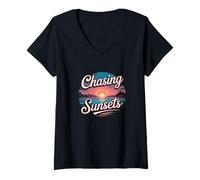 Women's The Chasing Sunsets Summer Graphic V-Neck T-Shirt