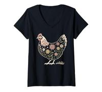 Women's The Chicken Whisperer Flowers Graphic Chicken Lover Farming V-Neck T-Shirt