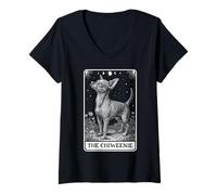Women's The Chiweenie Dog Tarot Card Witchy Moon V-Neck T-Shirt