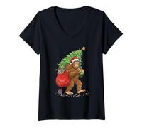 Womens The Christmas Wonder Bigfoot Carrying Xmas Tree V-Neck T-Shirt