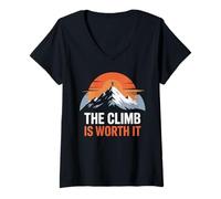 Women's The Climb is Worth It Mountain Sunset Minimalist Motivation V-Neck T-Shirt