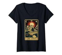 Women's The Coder Programmer Tarot Card Skeleton V-Neck T-Shirt