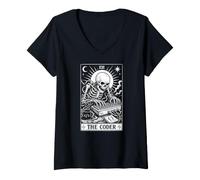 Women's The Coder Programmer Tarot Card Skeleton V-Neck T-Shirt