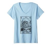 Women's The Coder Programmer Tarot Card Skeleton V-Neck T-Shirt