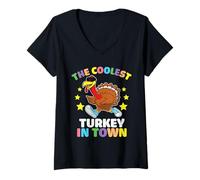 Womens The Coolest Turkey in Town Thanksgiving Thankful for Family V-Neck T-Shirt