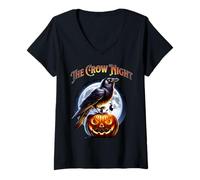 Womens The Crow Night Raven Pumpkin Halloween Witch Moon Scene V-Neck T-Shirt
