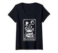 Women's The Cultivator Macabre Tarot Card Skull Planter Botany V-Neck T-Shirt