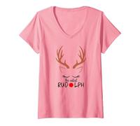 Women's The Cutest Rudolph Offical Sleeping Pajama for Xmas V-Neck T-Shirt, Pink, Medium