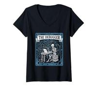 Women's The Debugger Tarot Skeleton Funny Programmer Coder V-Neck T-Shirt