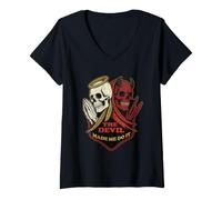 Women's The Devil Made Me Do It Skull Angel Demon Duality V-Neck T-Shirt