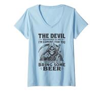 Women's The Devil Whispered Im Coming for You I Whispered Bring Beer V-Neck T-Shirt