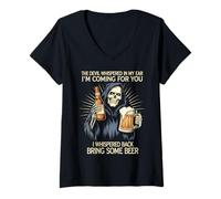 Women's The Devil Whispered in My Ear Grim Reaper Beer Dark Humour V-Neck T-Shirt