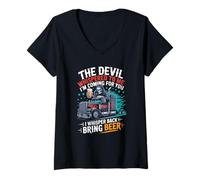 Women's The Devil Whispered to Me I Whisper Back Bring Beer V-Neck T-Shirt