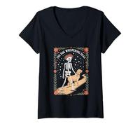 Womens The Dog Whispering Dead Skeleton with Golden Retriever V-Neck T-Shirt