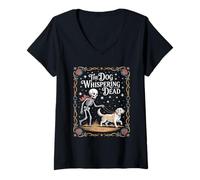 Womens The Dog Whispering Dead Skeleton with Happy Pup V-Neck T-Shirt