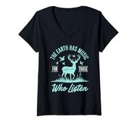 Women's The Earth Has Music Deer Silhouette Nature Quote Apparel V-Neck T-Shirt