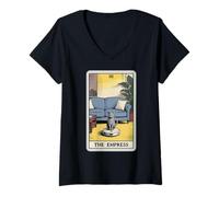 Womens The Empress Tarot Card Cat Robot Vacuum Cleaner Cat V-Neck T-Shirt
