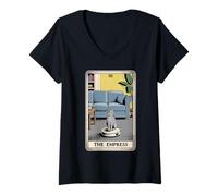 Womens The Empress Tarot Card Cat Robot Vacuum Cleaner Cat V-Neck T-Shirt