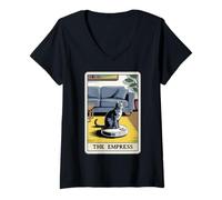 Womens The Empress Tarot Card Cat Robot Vacuum Cleaner Cat V-Neck T-Shirt