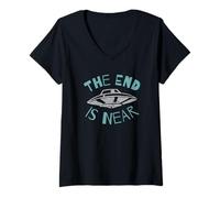 Womens The End Is Near UFO Alien Invasion Funny Sci-Fi V-Neck T-Shirt