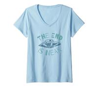 Womens The End Is Near UFO Alien Invasion Funny Sci-Fi V-Neck T-Shirt
