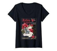 Women's The Fallen Angel, Dark Romance, Poetic Wings, Goth Floral V-Neck T-Shirt