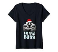 Womens The Final Boss Silverback Gorilla Christmas Santa Hat Design V-Neck T-Shirt