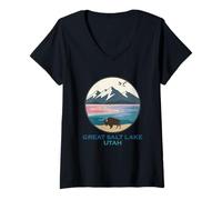 Womens The Great Salt Lake Utah Bison Seagulls SLC Water Wildlife V-Neck T-Shirt