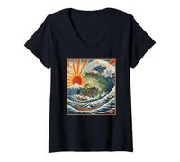 Womens The Great Wave Off Kanagawa Frog Retro Anime Japanese Art V-Neck T-Shirt