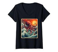 Womens The Great Wave Off Kanagawa Octopus Retro Anime Japanese Art V-Neck T-Shirt