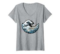 Womens The Great Wave with Red Balloon Parody V-Neck T-Shirt